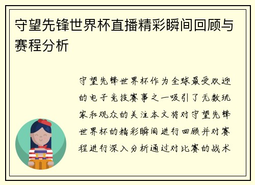 守望先锋世界杯直播精彩瞬间回顾与赛程分析