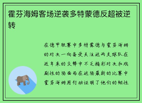 霍芬海姆客场逆袭多特蒙德反超被逆转