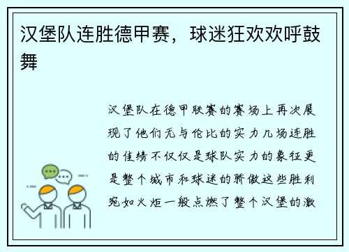 汉堡队连胜德甲赛，球迷狂欢欢呼鼓舞